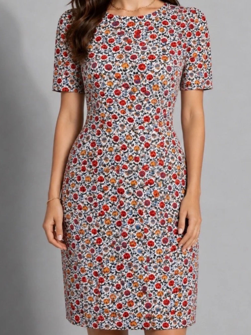 Boden Floral-Print Dress in White with Red, Yellow & Blue